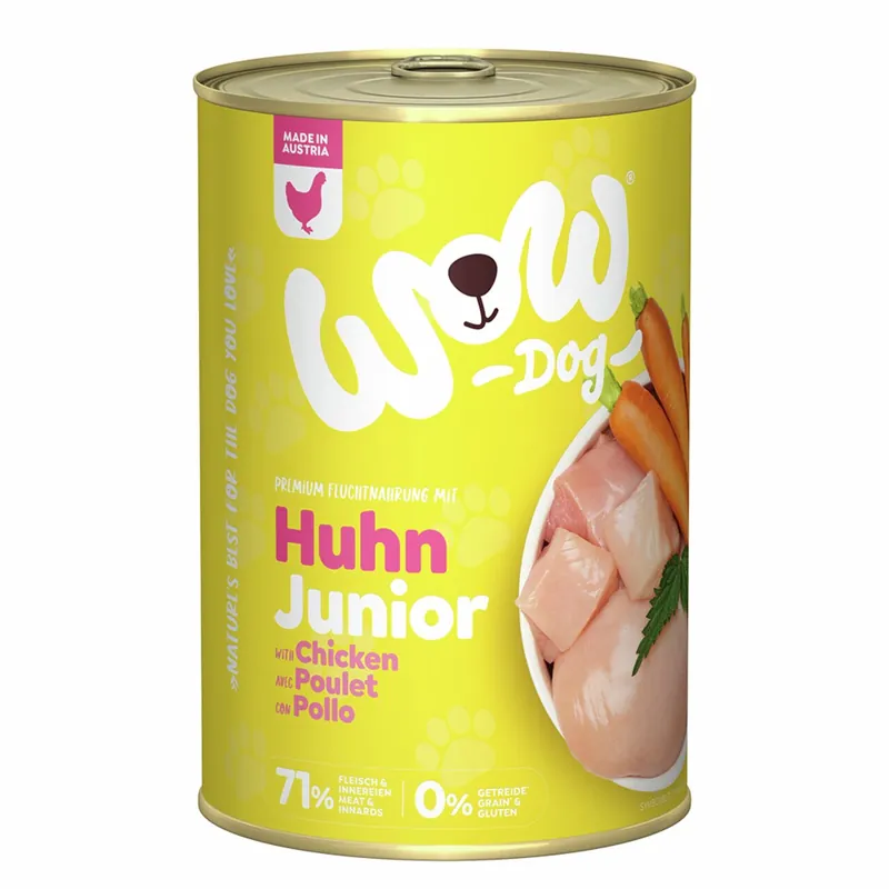 Markenprodukt Sparpaket 24 x 400 g Wow Junior Huhn mit Karotte + Brennnessel Hunde Nassfutter